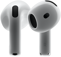 AirPods 4 hardver elöl- és hátulnézete, amelyen látszik az új kialakítás