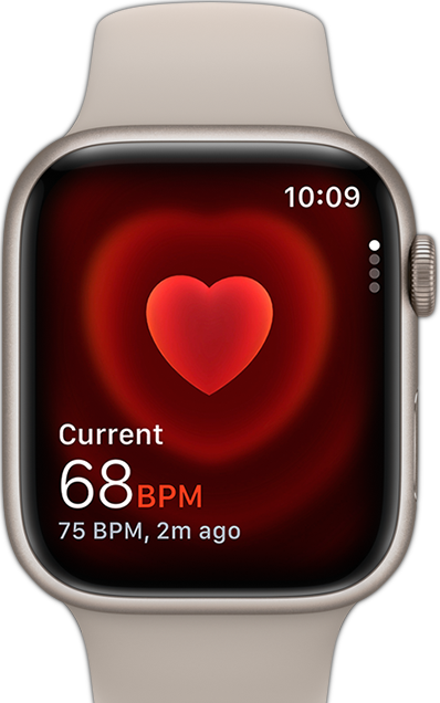 Az Apple Watch elölnézeti képe egy pulzusadattal.