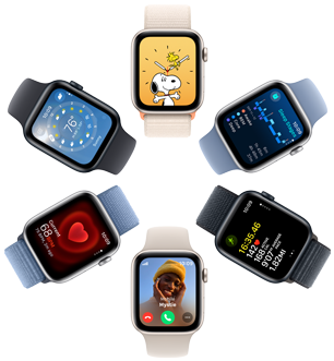 Hat Apple Watch SE-képernyő felülnézetből, amelyeken egy Snoopy-háttérkép, az Alvás app adatai, az Edzés app mérőszámai, egy bejövő hívás, a pulzusszám és az Időjárás app láthatók.