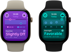 Két Apple Watch Series 12: világos aranyszínű alumíniumtok, a nappali vitális jelek kissé eltérnek a szokásostól, Digital Crown, homokszínű sportszíj, fekete alumíniumtok, az alvási vitális jelek a kedvező tartományban vannak, Digital Crown, fekete sportszíj