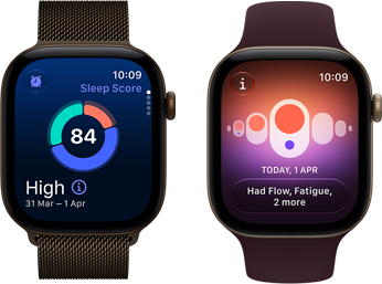 Apple Watch Series 12 sötét bronzszínű alumíniumtokkal, a kijelzőn az alvási pontszám kördiagramja, Digital Crown, sötét bronzszínű milánói szíj