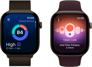 Apple Watch Series 12 sötét bronzszínű alumíniumtokkal, a kijelzőn az alvási pontszám kördiagramja, Digital Crown, sötét bronzszínű milánói szíj