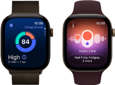 Apple Watch Series 12 sötét bronzszínű alumíniumtokkal, a kijelzőn az alvási pontszám kördiagramja, Digital Crown, sötét bronzszínű milánói szíj