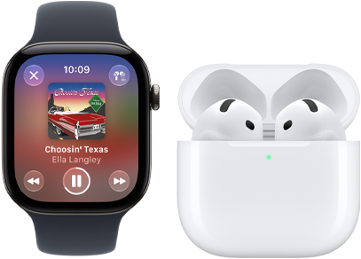 Apple Watch Series 12 fekete alumíniumtokkal és fekete sportszíjjal, megnyitott Apple Music app, párosított AirPods 4