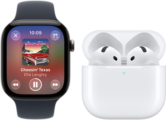 Apple Watch Series 12 fekete alumíniumtokkal és fekete sportszíjjal, megnyitott Apple Music app, párosított AirPods 4