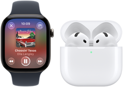 Apple Watch Series 12 fekete alumíniumtokkal és fekete sportszíjjal, megnyitott Apple Music app, párosított AirPods 4
