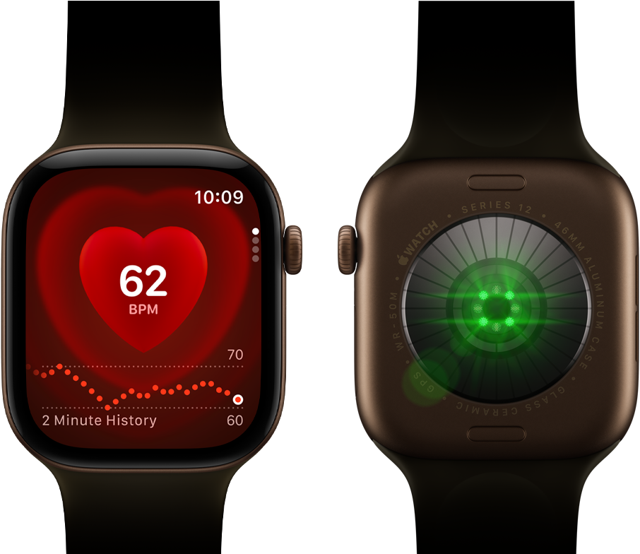 Két Apple Watch Series 12 sötét bronzszínű alumíniumtokkal és olívaszínű sportszíjjal, az egyiken a Pulzusszám app jelenik meg, a másiknak a hátoldala fordul felénk az Egészségérzékelési rendszerrel, amely zöld LED-fényt bocsát ki