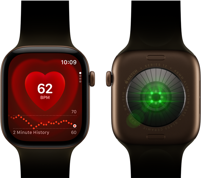 Két Apple Watch Series 12 sötét bronzszínű alumíniumtokkal és olívaszínű sportszíjjal, az egyiken a Pulzusszám app jelenik meg, a másiknak a hátoldala fordul felénk az Egészségérzékelési rendszerrel, amely zöld LED-fényt bocsát ki