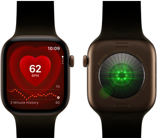 Két Apple Watch Series 12 sötét bronzszínű alumíniumtokkal és olívaszínű sportszíjjal, az egyiken a Pulzusszám app jelenik meg, a másiknak a hátoldala fordul felénk az Egészségérzékelési rendszerrel, amely zöld LED-fényt bocsát ki