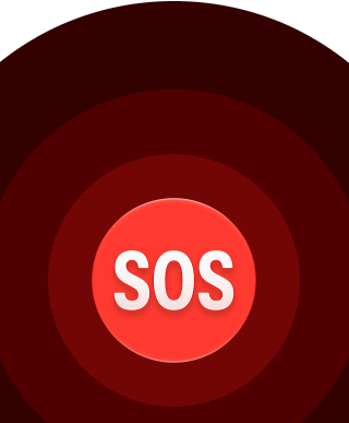 A Vészhelyzeti SOS ikonja, piros koncentrikus körök középen egy fehér SOS felirattal