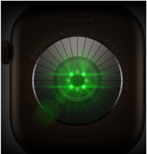 Sötét bronzszínű alumíniumtokos Apple Watch Series 12 hátulja, több, zöld LED-fénnyel világító, kerek érzékelő, bal oldali nézet, Digital Crown, olívaszínű sportszíj