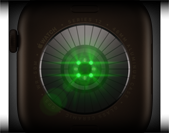 Sötét bronzszínű alumíniumtokos Apple Watch Series 12 hátulja, több, zöld LED-fénnyel világító, kerek érzékelő, bal oldali nézet, Digital Crown, olívaszínű sportszíj