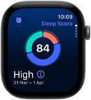 Apple Watch Series 12 asztroszürke alumíniumtokkal, az alvási pontszám kördiagramja, Digital Crown forgatógomb a tok jobb oldalán