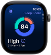 Apple Watch Series 12 asztroszürke alumíniumtokkal, az alvási pontszám kördiagramja, Digital Crown forgatógomb a tok jobb oldalán