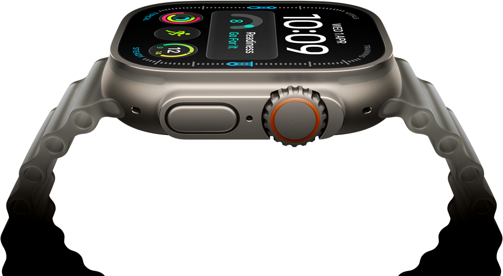Apple Watch Ultra 4, natúr színű titántok, digitális számlap, komplikációk: felkészültség, pulzusszám, Edzések, hőmérséklet, jobb oldali nézet, Digital Crown, megemelt oldalsó gomb, áttetsző szürke Óceán szíj
