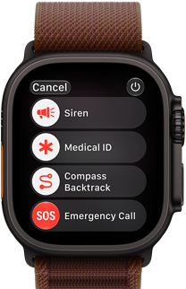 Apple Watch Ultra 4, fekete titántok, műholdas kapcsolat, jobb oldali nézet, Digital Crown, megemelt oldalsó gomb, burgundi színű Alpesi pánt