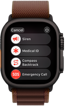 Apple Watch Ultra 4, fekete titántok, műholdas kapcsolat, jobb oldali nézet, Digital Crown, megemelt oldalsó gomb, burgundi színű Alpesi pánt