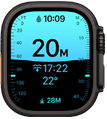 Apple Watch Ultra 4, fekete titántok, a Mélység appban búvármerülési mérőszámok látszanak, jobb oldali nézet, Digital Crown, megemelt oldalsó gomb