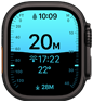 Apple Watch Ultra 4, fekete titántok, a Mélység appban búvármerülési mérőszámok látszanak, jobb oldali nézet, Digital Crown, megemelt oldalsó gomb