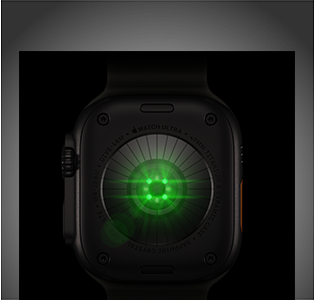 Fekete titántokos Apple Watch Ultra 4 hátulnézete több, zöld LED-fényt kibocsátó, kerek érzékelővel