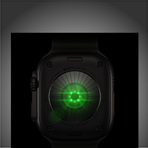 Fekete titántokos Apple Watch Ultra 4 hátulnézete több, zöld LED-fényt kibocsátó, kerek érzékelővel