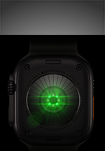 Fekete titántokos Apple Watch Ultra 4 hátulnézete több, zöld LED-fényt kibocsátó, kerek érzékelővel