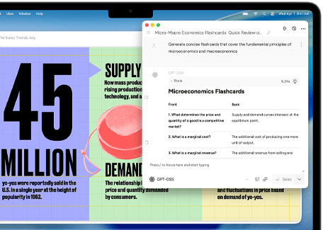 Egy MacBook Air képernyőjén az Apple Intelligence Íráseszközök funkciójával készítenek mikro- és makrökonómiai tanulókártyákat