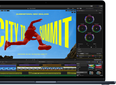 Részlegesen látszó MacBook Air-képernyő, amelyen egy videószerkesztő alkalmazás szemlélteti az M5 chip képességeit