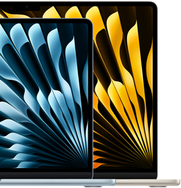 Két MacBook Air laptop szemlélteti a 13,6 hüvelykes és a 15,3 hüvelykes képátlójú kijelző egymáshoz viszonyított méretét