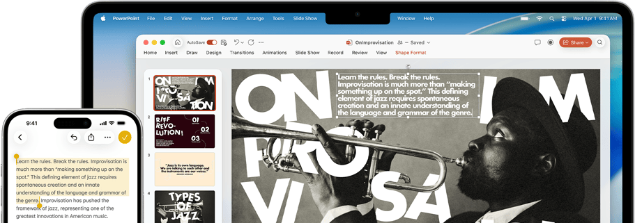 Egy iPhone 16 Pluson szöveg van kiemelve a Jegyzetek appban, egy MacBook Airen pedig egy Keynote-dia van megnyitva, amelyen látható a Jegyzetekben kijelölt szöveg