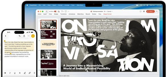 Egy iPhone 16 Pluson szöveg van kiemelve a Jegyzetek appban, egy MacBook Airen pedig egy Keynote-dia van megnyitva, amelyen látható a Jegyzetekben kijelölt szöveg