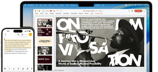 Egy iPhone 16 Pluson szöveg van kiemelve a Jegyzetek appban, egy MacBook Airen pedig egy Keynote-dia van megnyitva, amelyen látható a Jegyzetekben kijelölt szöveg