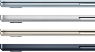 Négy MacBook Air laptop oldalnézetből a négy különböző bevonattal