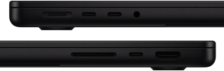A MacBook Pro portjait bemutató oldalnézetek: bal oldalon egy MagSafe port, két Thunderbolt port és egy fejhallgató-csatlakozó, jobb oldalon egy SDXC-kártyahely, egy Thunderbolt port és egy HDMI-port.