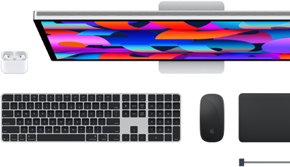 Mac-kiegészítők: AirPods, Studio Display, Magic Keyboard, Magic Mouse, Magic Trackpad, asztrofekete MagSafe töltőkábel