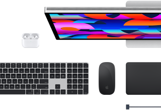 Mac-kiegészítők: AirPods, Studio Display, Magic Keyboard, Magic Mouse, Magic Trackpad, asztrofekete MagSafe töltőkábel