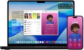 Egy MacBook Pro és egy iPhone 16 Plus, a Telefon app van megnyitva, és mindkét képernyőn ugyanaz a kontakt jelenik meg