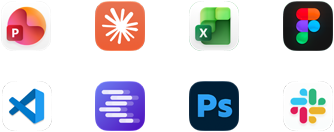 A Microsoft PowerPoint, Claude by Anthropic, Microsoft Excel, Figma, Visual Studio Code, LM Studio, Adobe Photoshop és a Slack appok ikonjai.