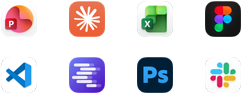 A Microsoft PowerPoint, Claude by Anthropic, Microsoft Excel, Figma, Visual Studio Code, LM Studio, Adobe Photoshop és a Slack appok ikonjai.
