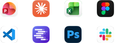 A Microsoft PowerPoint, Claude by Anthropic, Microsoft Excel, Figma, Visual Studio Code, LM Studio, Adobe Photoshop és a Slack appok ikonjai.