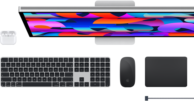 AirPods, Studio Display, Magic Keyboard, Magic Mouse, Magic Trackpad és MagSafe töltőkábel.