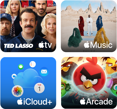 Négy kép mozaikszerű elrendezésben: az Apple TV képén a Ted Lasso című sorozat szereplői, az Apple Music képén Davido 5ive című albumának borítóképe, az iCloud Plus képén egy felhő, amelyet a Fotók, Naptár, Mail, Emlékeztetők, Üzenetek és Fájlok appok ikonjai vesznek körül, az Apple Arcade képén pedig az Angry Birds című játék szereplői.