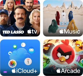 Négy kép mozaikszerű elrendezésben: az Apple TV képén a Ted Lasso című sorozat szereplői, az Apple Music képén Davido 5ive című albumának borítóképe, az iCloud Plus képén egy felhő, amelyet a Fotók, Naptár, Mail, Emlékeztetők, Üzenetek és Fájlok appok ikonjai vesznek körül, az Apple Arcade képén pedig az Angry Birds című játék szereplői.