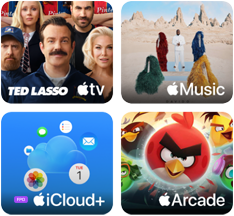 Négy kép mozaikszerű elrendezésben: az Apple TV képén a Ted Lasso című sorozat szereplői, az Apple Music képén Davido 5ive című albumának borítóképe, az iCloud Plus képén egy felhő, amelyet a Fotók, Naptár, Mail, Emlékeztetők, Üzenetek és Fájlok appok ikonjai vesznek körül, az Apple Arcade képén pedig az Angry Birds című játék szereplői.