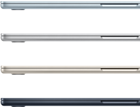 Négy MacBook Air laptop a kapható színekben: égkék, ezüst, csillagfény, éjfekete