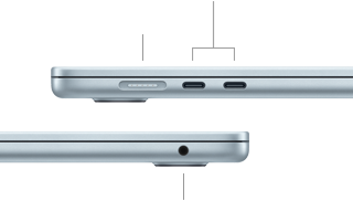 A MacBook Air oldalnézetei a portokkal: MagSafe és két Thunderbolt 4 port a bal oldalon, fejhallgató-csatlakozó a jobb oldalon