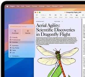 Egy szitakötők repüléséről szóló tudományos dokumentum összefoglalása az Apple Intelligence Íráseszközök segítségével