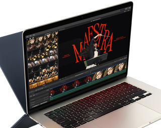 Egy MacBook Air kijelzőjén videószerkesztési műveletek láthatók az M4 chip képességeinek illusztrálására