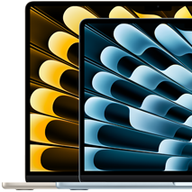 Két MacBook Air laptop a kijelzők egymáshoz viszonyított méretének bemutatására: a kijelzők mérete átlósan 13,6 hüvelyk és 15,3 hüvelyk