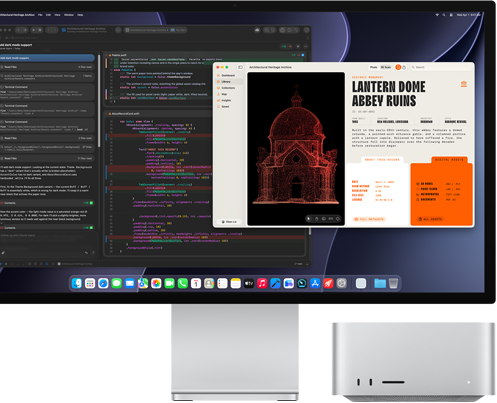 Studio Display XDR, a kijelzőn egy készülő dokumentum az Xcode-on belüli Claude Agentben, Mac Studio elölnézetből